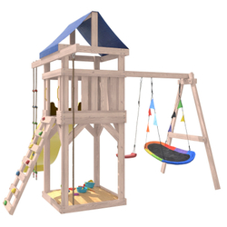 Детская площадка неокрашенная с качелями лодочка и овальным разноцветным гнездом IgroWoods для улицы и дачи