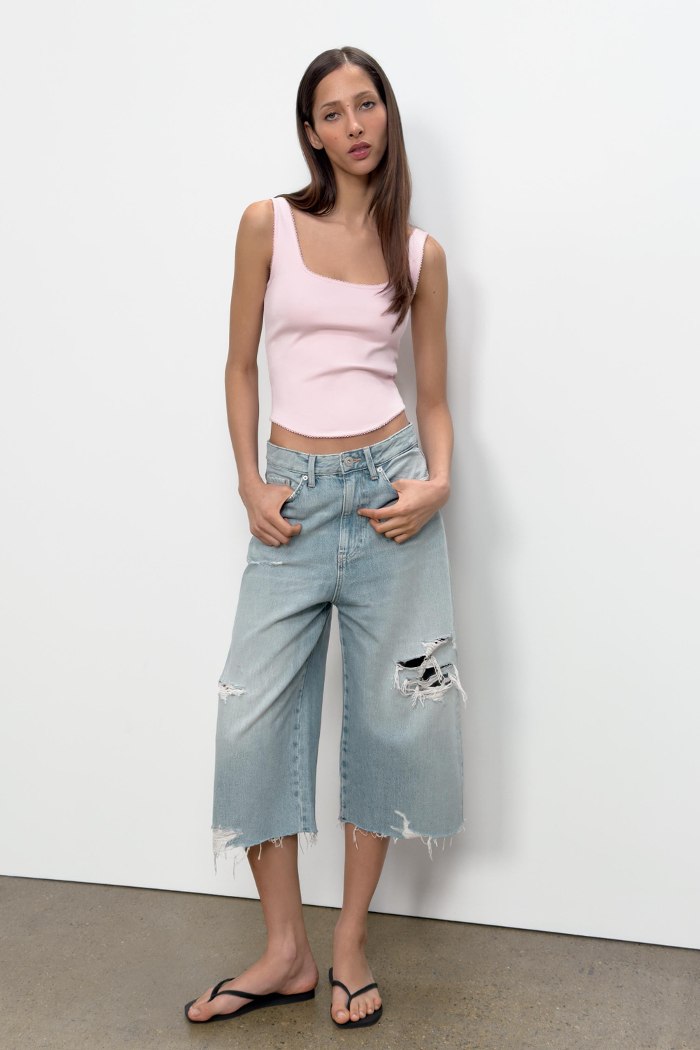 ZARA ТОП В РУБЧИК НА БРЕТЕЛЯХ, ПАСТЕЛЬНО-РОЗОВЫЙ