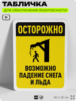 Табличка для обеспечения безопасности "Осторожно, возможно падение снега и льда", для офиса, по охране труда для предприятия, организаций, 40х30 см, Silver Plane x Айдентика Технолоджи