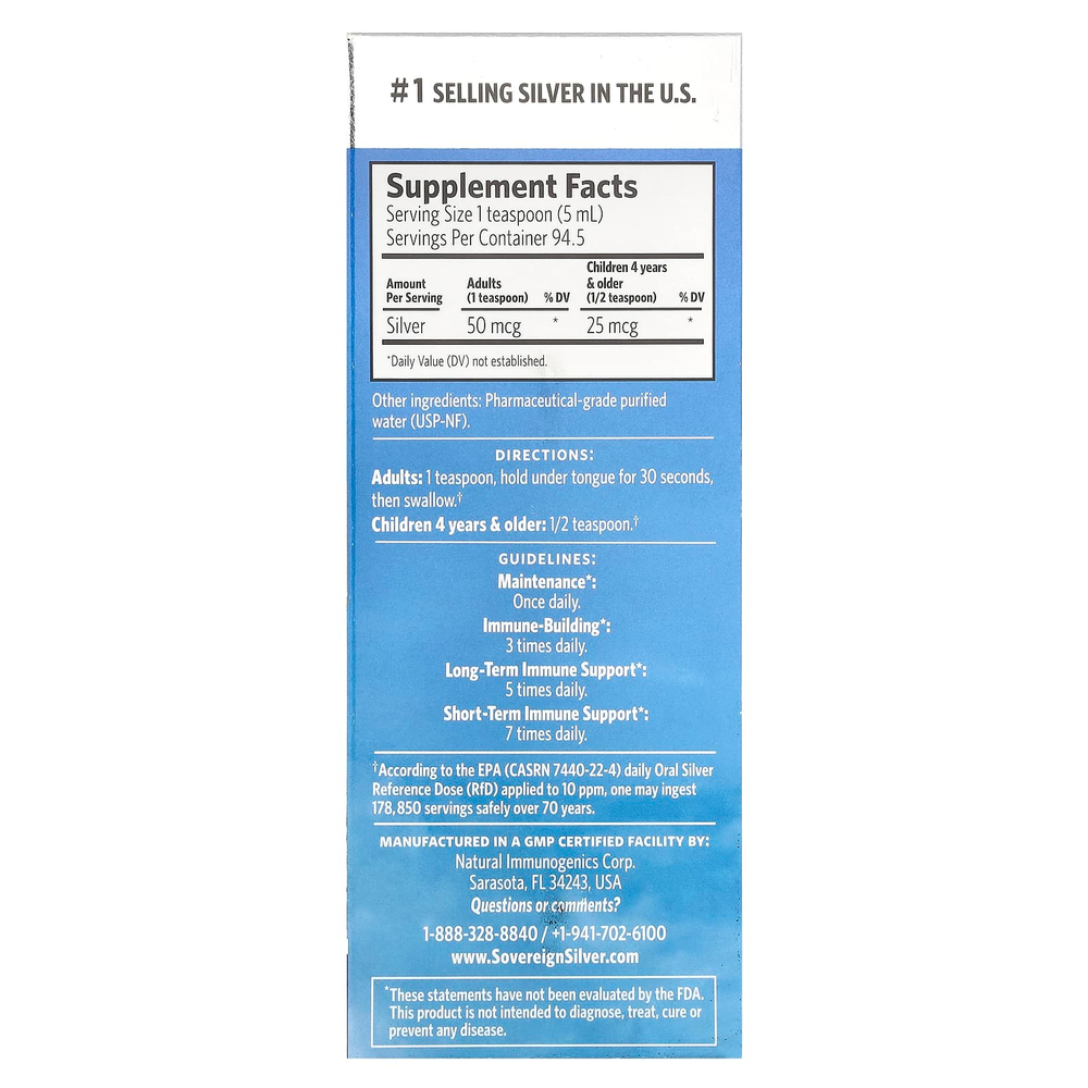 Sovereign Silver, Bio-Active Silver Hydrosol™, 10 част./млн, 473 мл (16 жидк. унций)