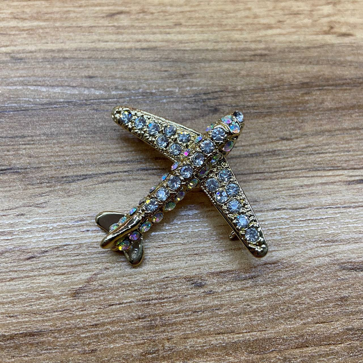 Брошь Самолетик стразы серебристые хамелеон металл золотистый 3,5 х 4,5 см