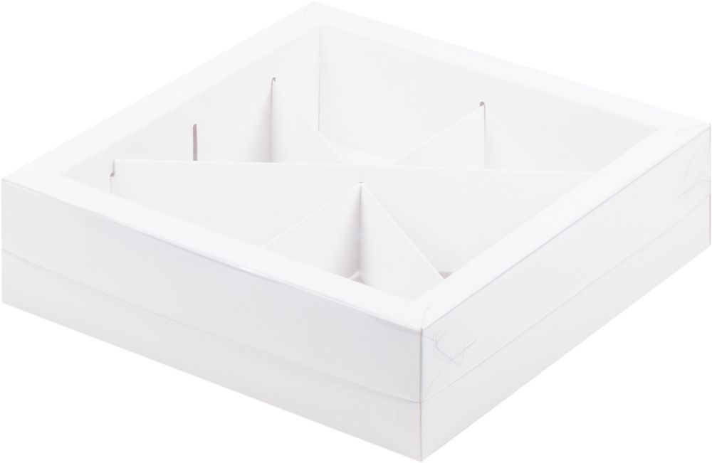 Коробка под ассорти сладостей с пластиковой крышкой 200*200*55 мм (4 или 6 ячеек) (белая)