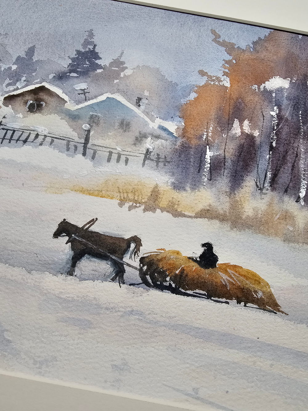 Картина авторская акварельная в паспарту 30х40 см на стену для интерьера "Зима в селе"