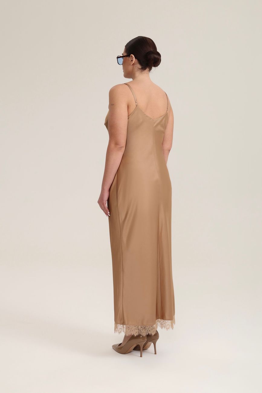 Платье-комбинация с кружевом, капучино