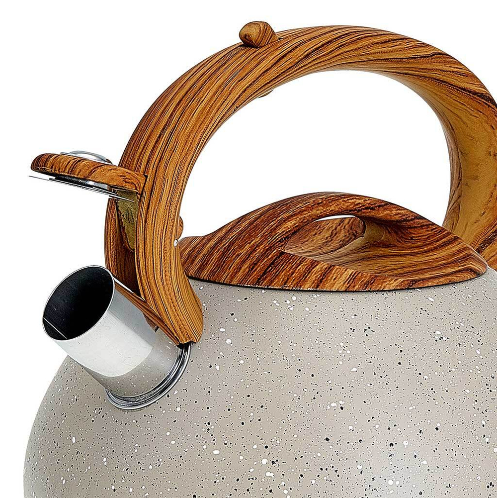 Чайник со свистком 3 л из нержавеющей стали, индукционное дно ALPENKOK AK-522 бежевый гранит, ручка светлое дерево