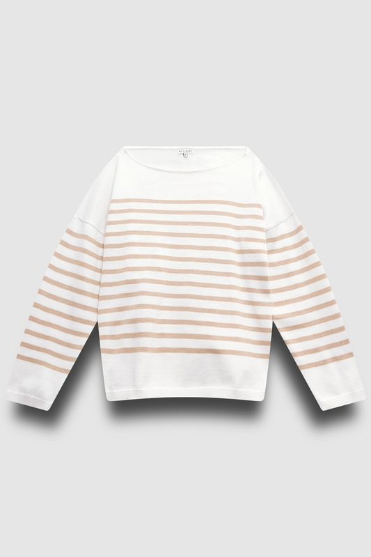 Тельняшка вязаная с вырезом лодочка, бежево-белый