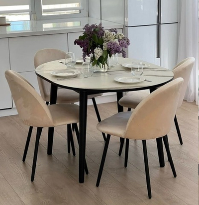 Круглый раздвижной стол Белый мрамор и 4 стула Элион бежевый