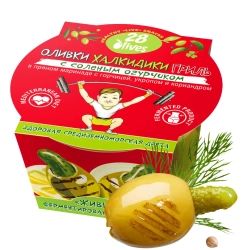 Оливки Халкидики ГРИЛЬ с соленым огурчиком в маринаде с горчицей, укропом и кориандром 28Olives, 150 г, упаковка с оливкой