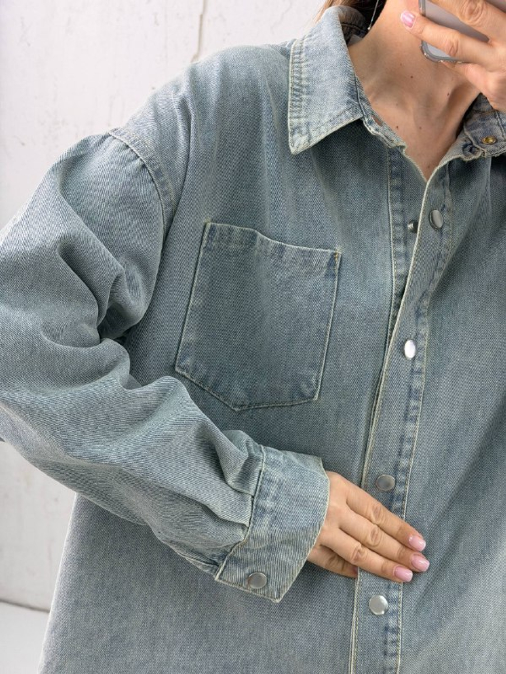 Рубашка джинсовая женская артикул 1377-1 цвет "голубо-зелёный"