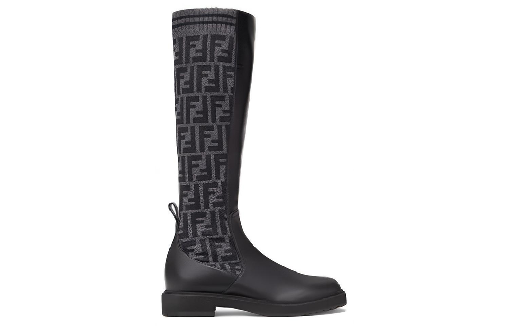FENDI Rockoko Round Tip Long Shaft Boots Women"s Black Gray