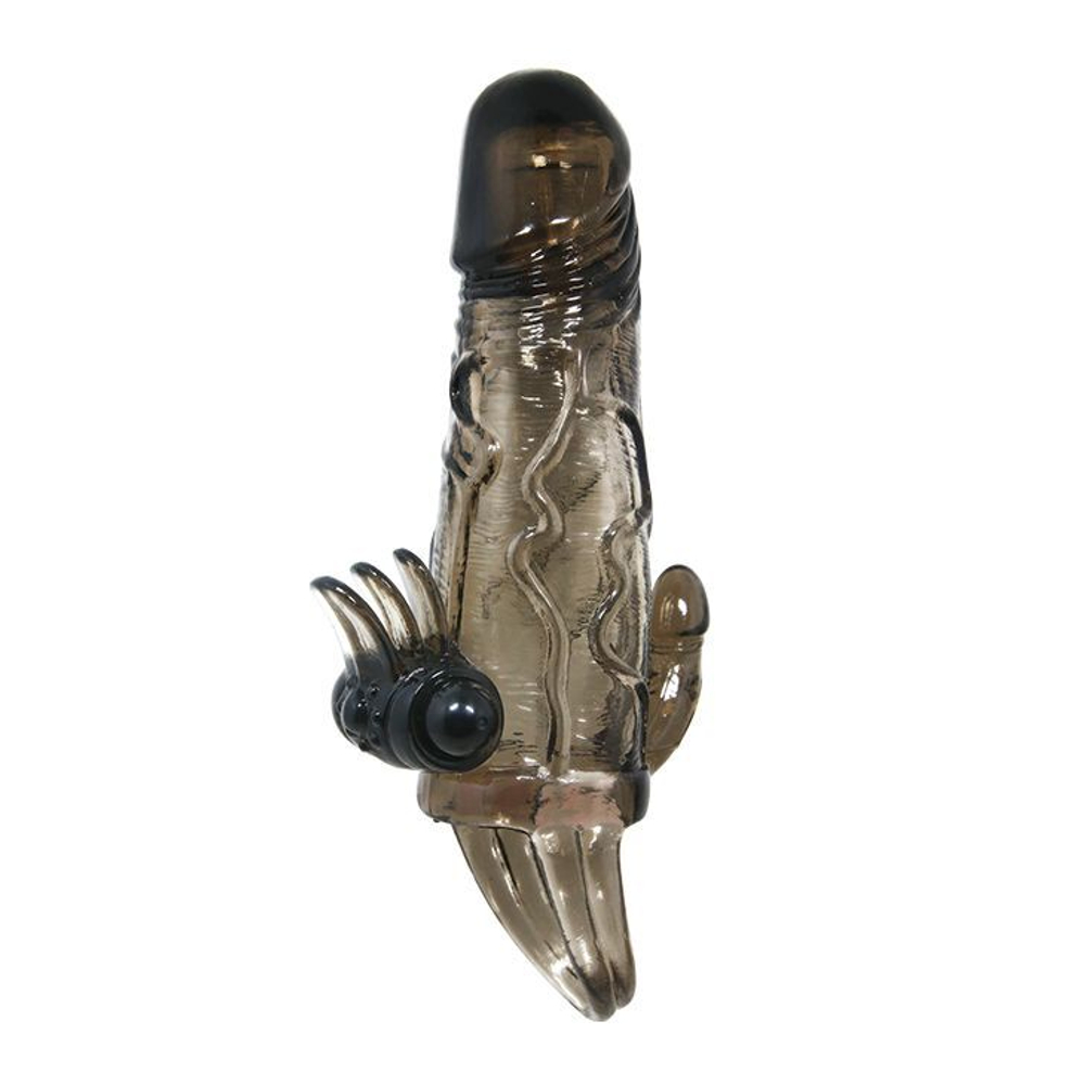 Дымчатая удлиняющая насадка с вибрацией и отростком для преданусного массажа (Цвет: дымчатый)