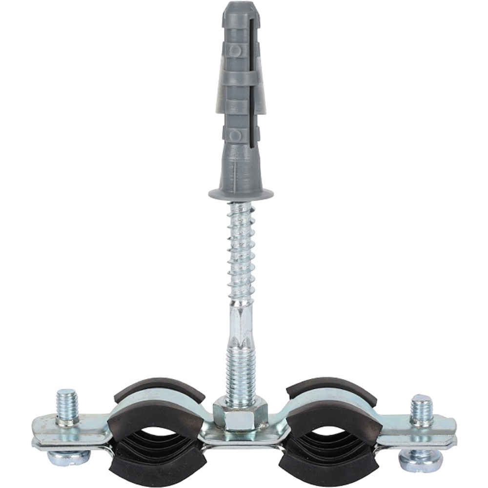 Хомут для труб двухвинтовой сдвоенный STOUT - 3/8" (15-19 мм, с шпилькой и дюбелем)