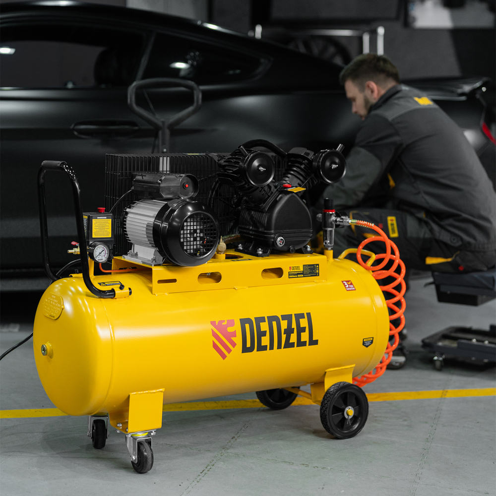 Компрессор воздушный BCV2300/100, ременный привод, 2.3 кВт, 100 литров, 440 л/мин Denzel
