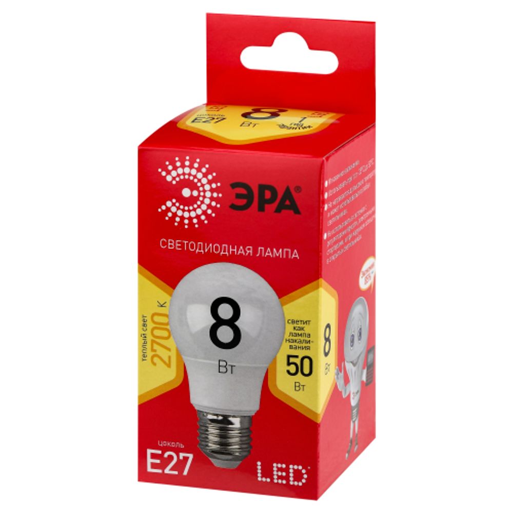 Лампа светодиодная ЭРА RED LINE LED A55-8W-827-E27 R 8Вт груша теплый белый свет Е27 | Лампы cветодиодные Груша (A)