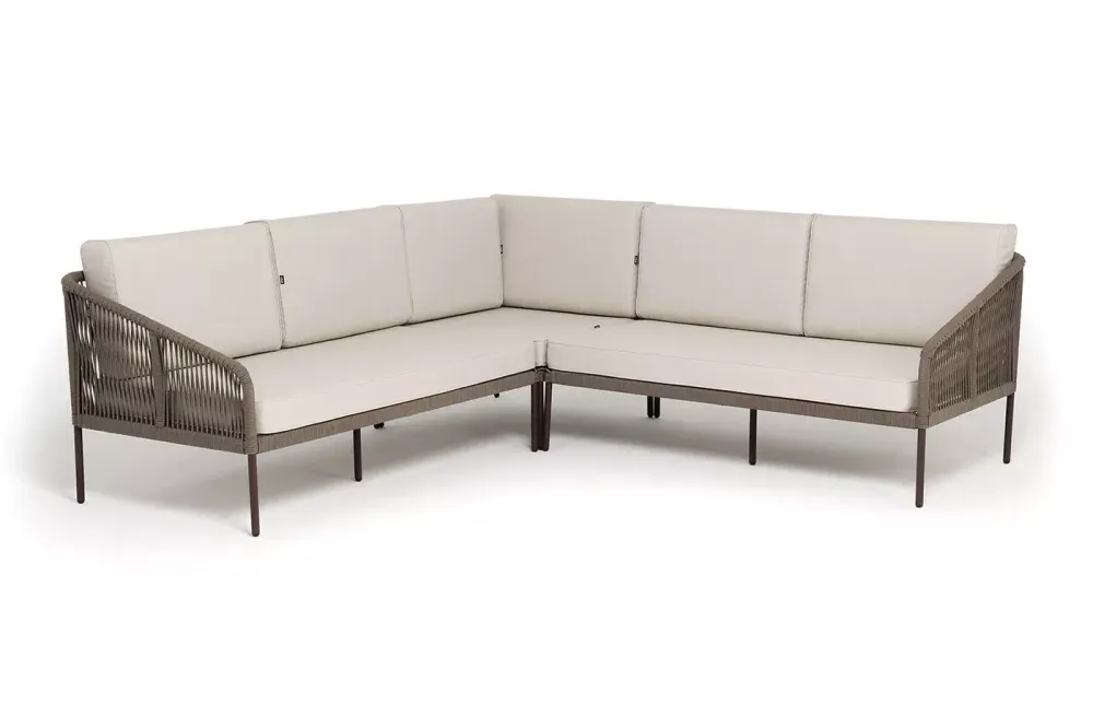"Канны" диван модульный плетеный из роупа, каркас алюминий коричневый (RAL8016) муар, роуп коричневый круглый, ткань бежевая 035