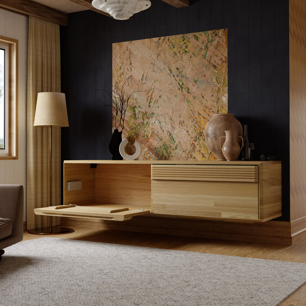 Тумба под телевизор, 160х44х40, Михаэлла, напольная, подвесная, с подсветкой, из массива дуба, Dipriz