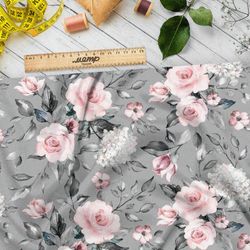 Ткань саржа бело-розовые цветы на сером