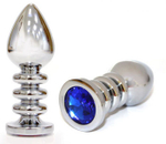 Большая серебристая анальная пробка с синим кристаллом - 10 см. (Цвет: синий)