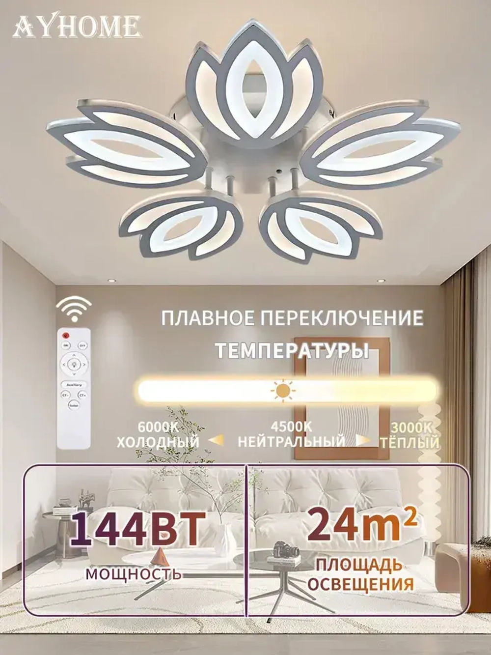 Люстра потолочная светодиодная и управлением пульт,144 Вт,регулируемая яркость и цветовой температуры 3000K-6000K,AYHOME