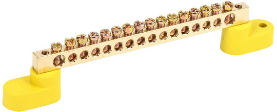 Шина PE "земля" на двух угловых изоляторах ШНИ-6х9-16-У2-Ж IEK