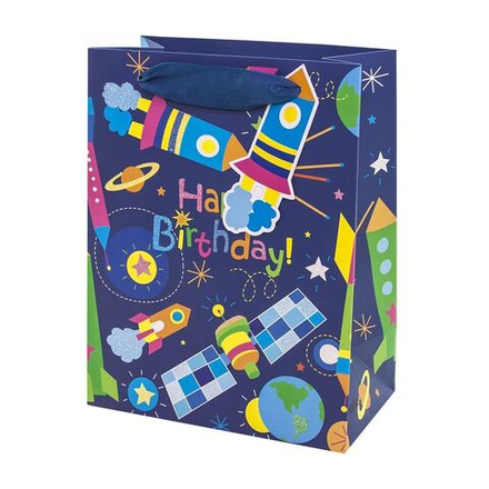 Пакет подарочный, Космос, С Днем Рождения!, Темно-синий, 23*18*10 см, 1 шт.