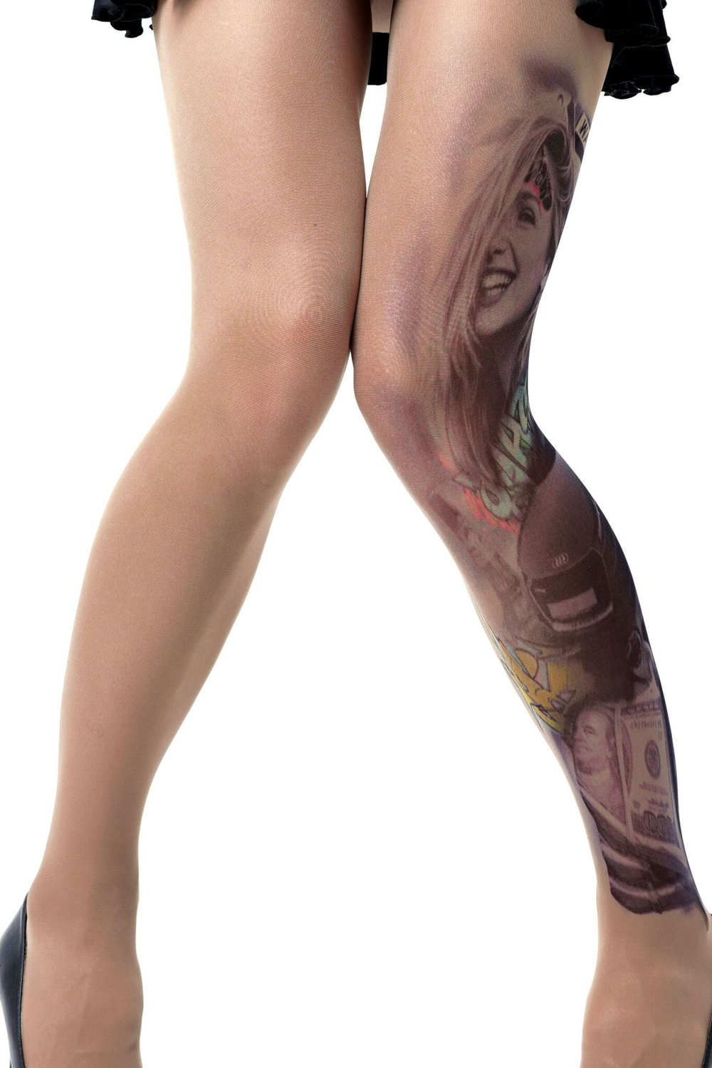 Колготки с имитацией тату в виде авто и девушки (Размер: S-M-L) (Цвет: бежевый)