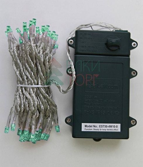 Светодиодная гирлянда 5 м., 3 батарейки типа D 4.5V, 50 LED ламп цвета аква, таймер, прозрачный провод, LTC (EST50-4W10-8A)