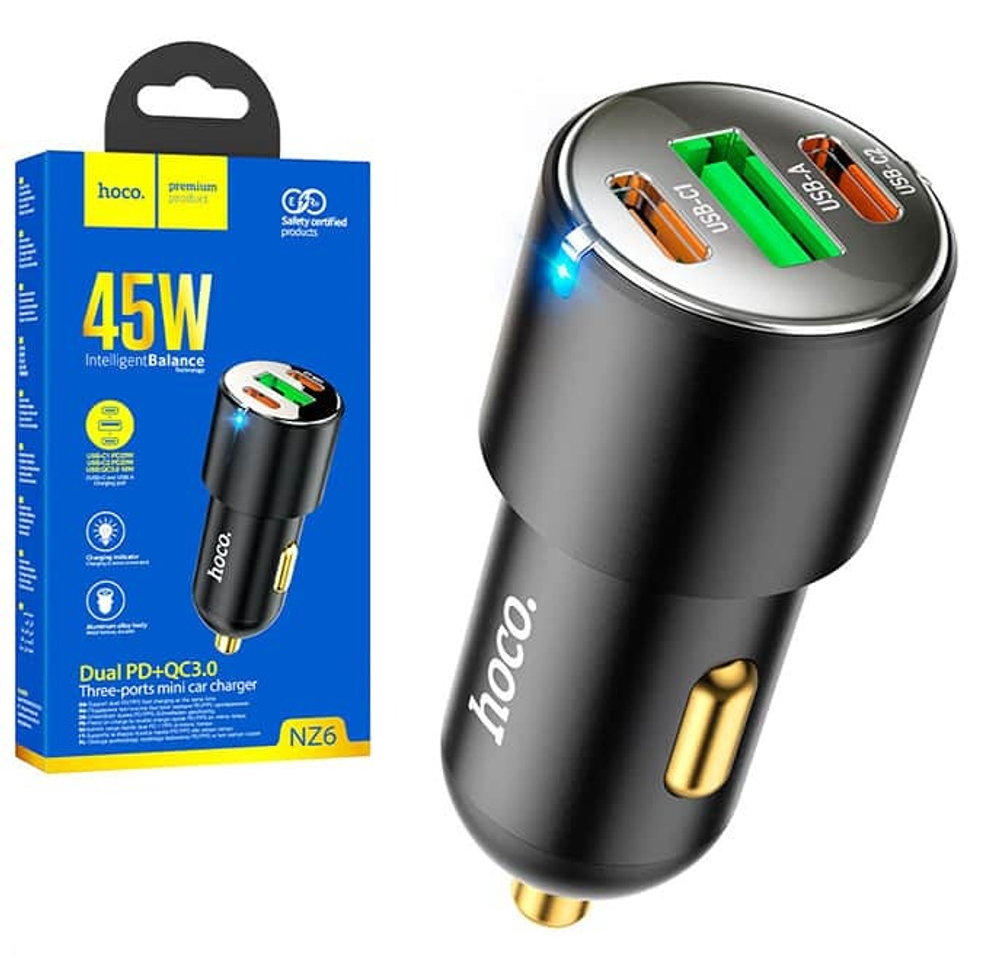 Автомобильный адаптер питания HOCO NZ6 QC 3.0+PD+PD 45W (черный)