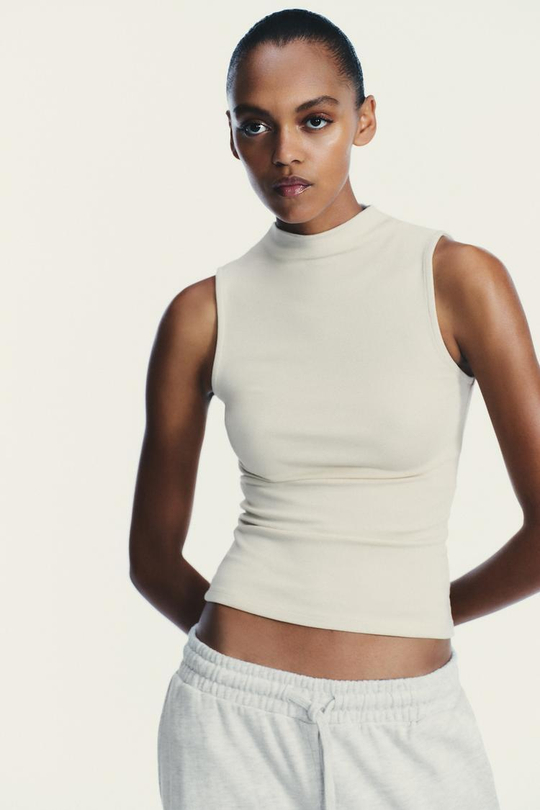 ZARA ТОП ИЗ ХЛОПКА И МОДАЛА, КАМЕННО-СЕРЫЙ