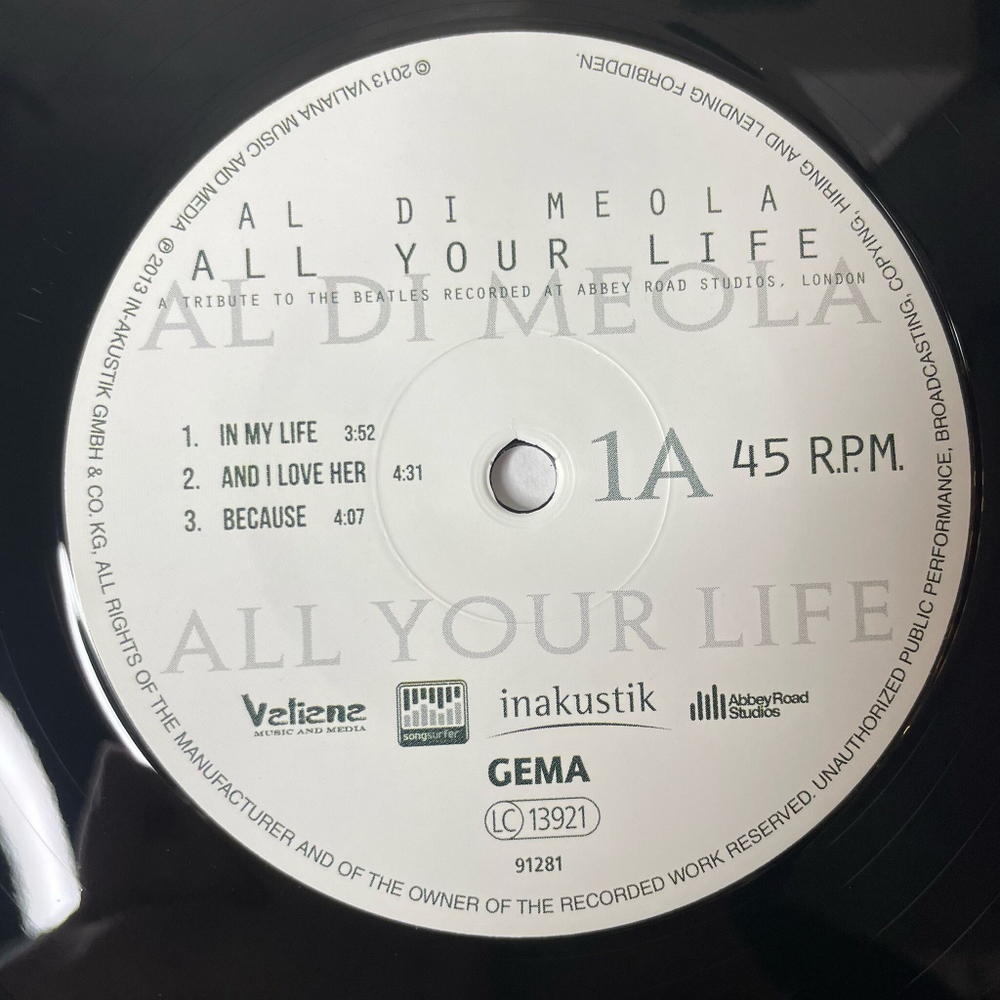 Виниловая пластинка LP Al Di Meola All Your Life A Tribute To The Beatles Recorded At Abbey Road Studios, London (Germany 2013)