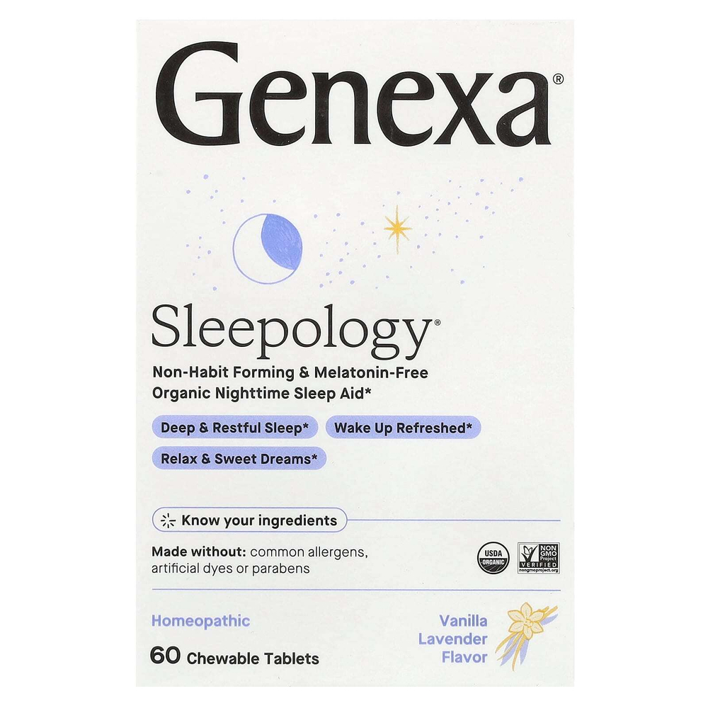 Genexa, Sleepology, органическое средство для сна, ваниль и лаванда, 60 жевательных таблеток