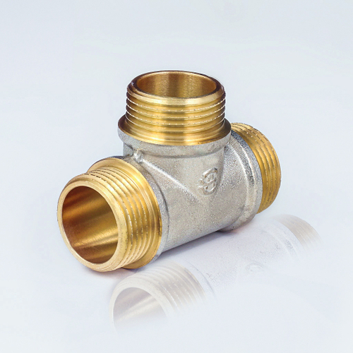 Тройник латунный никелированный равнопроходной наружная/наружная/наружная резьба