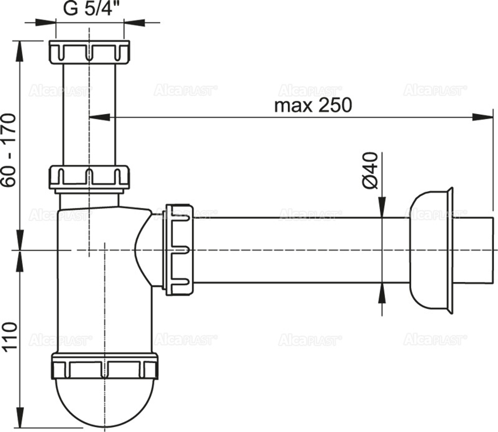 Сифон для умывальника ?40 с накидной гайкой  5/4" Alcaplast A43