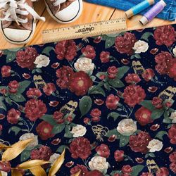 Ткань блэкаут бархатные маки и белые розы на тёмно-синем фоне