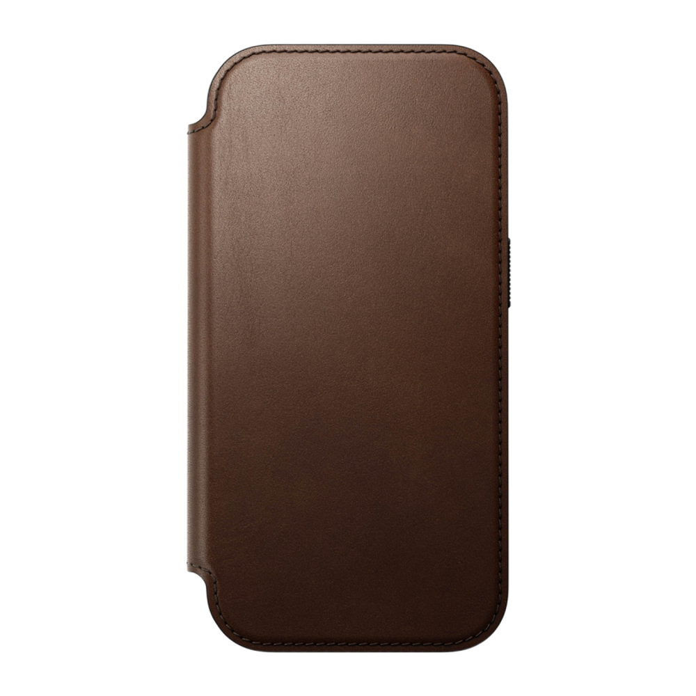 Кожаный чехол-книжка MagSafe Nomad Modern Leather Folio для iPhone 17 Pro Гибридный укреплённый чехол из натуральной цельнозерновой кожи с сенсорной накладкой для Контроллера камеры. Есть отделение для купюр и встроенный картхолдер — вмещает до трёх карт