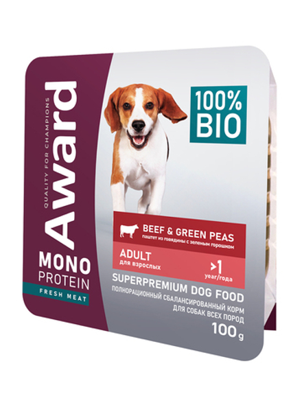 Влажный корм AWARD Monoprotein для взрослых собак паштет из говядины с зеленым горошком 100г