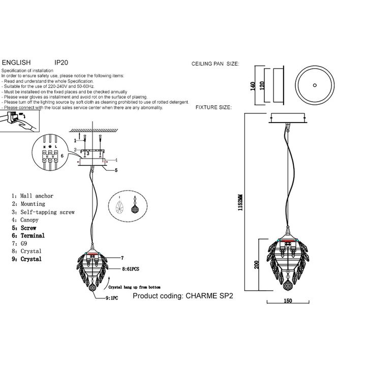 Подвесной светильник Crystal Lux Charme SP2 Gold/Transparent