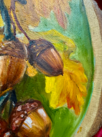 Веточка дуба - картина маслом на срезе дуба с корой | Художница Ефимова Ольга