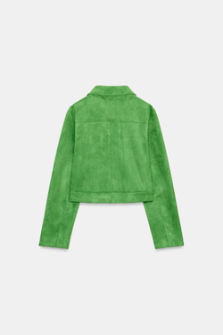 ZARA УКОРОЧЕННАЯ КУРТКА ИЗ ИСКУССТВЕННОЙ ЗАМШИ, ЯБЛОЧНО-ЗЕЛЕНЫЙ