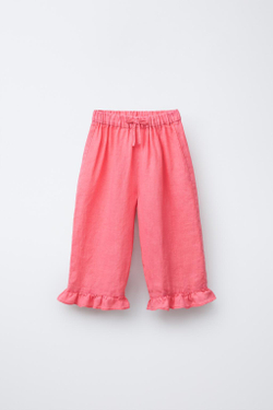 ZARA БРЮКИ-КЮЛОТЫ ИЗ 100% ЛЬНА С ВОЛАНАМИ, КОРАЛЛОВО-КРАСНЫ