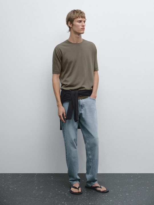 Massimo Dutti Хлопковая футболка с коротким рукавом, хаки