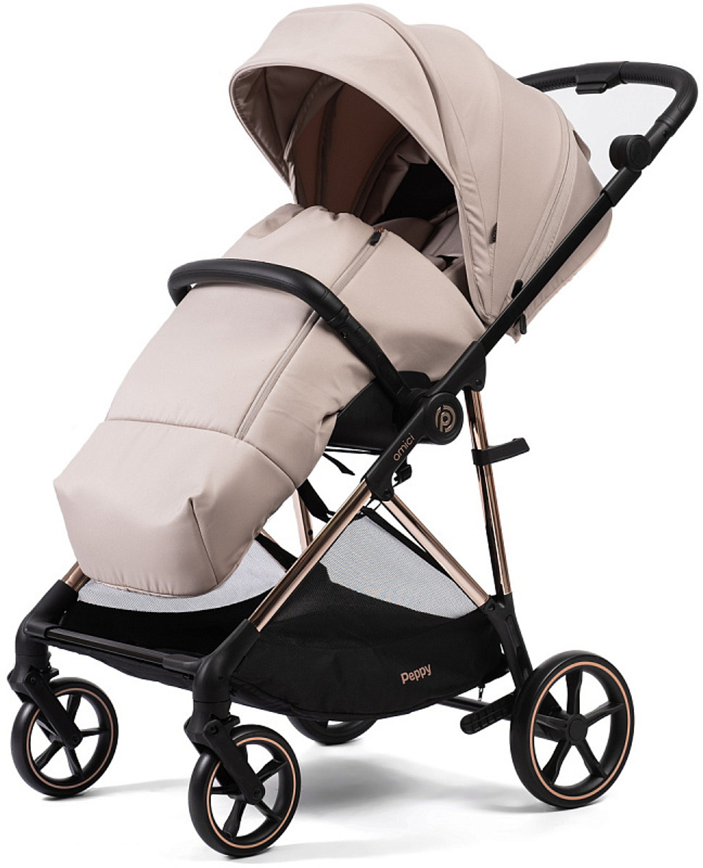 Прогулочная коляска Peppy Amici с автокреслом First Black Beige рама Gold