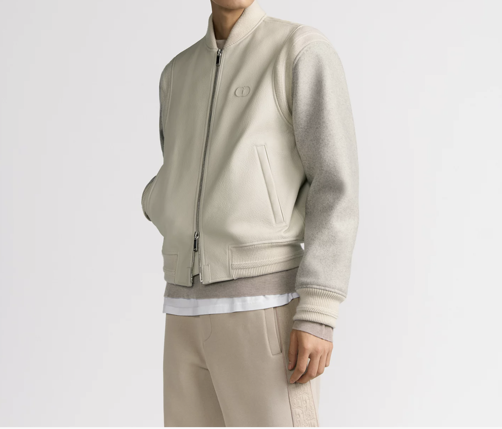 Мужской кожаный жакет Dior Varsity с вышивкой CD Icon, бежевый