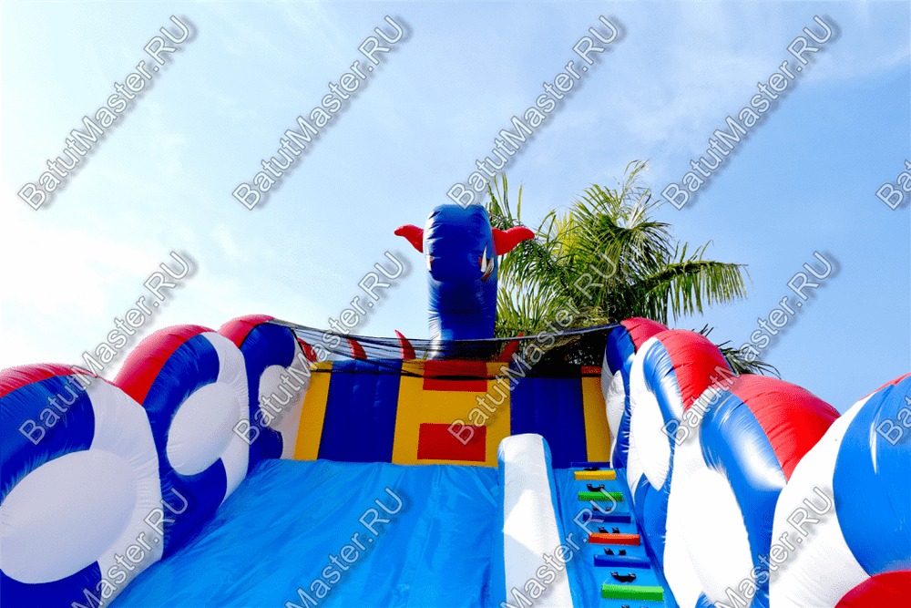 Коммерческий надувной батут-горка "Дракон" 10*5*8 м,без шипов сине-белый