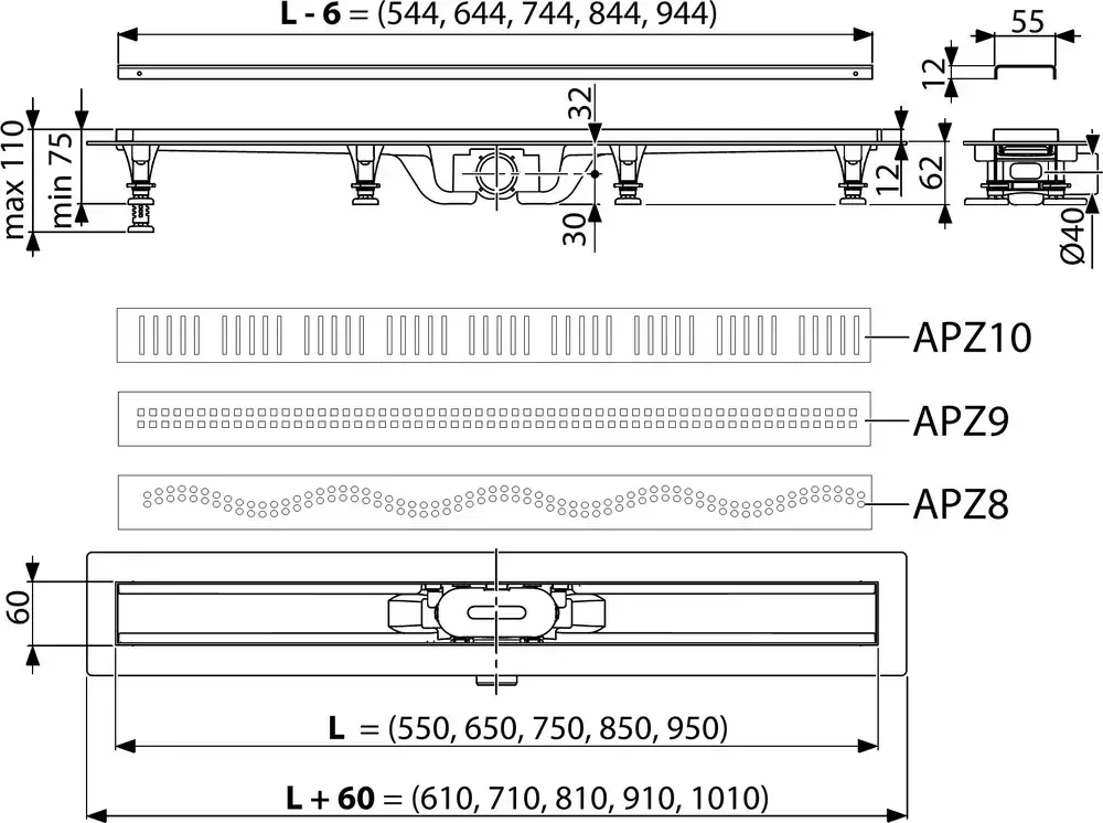 AlcaPlast. "Симпл" желоб водоотводящий L 850 мм, с порогами, для перфорированной решетки, пластик, APZ8-850M