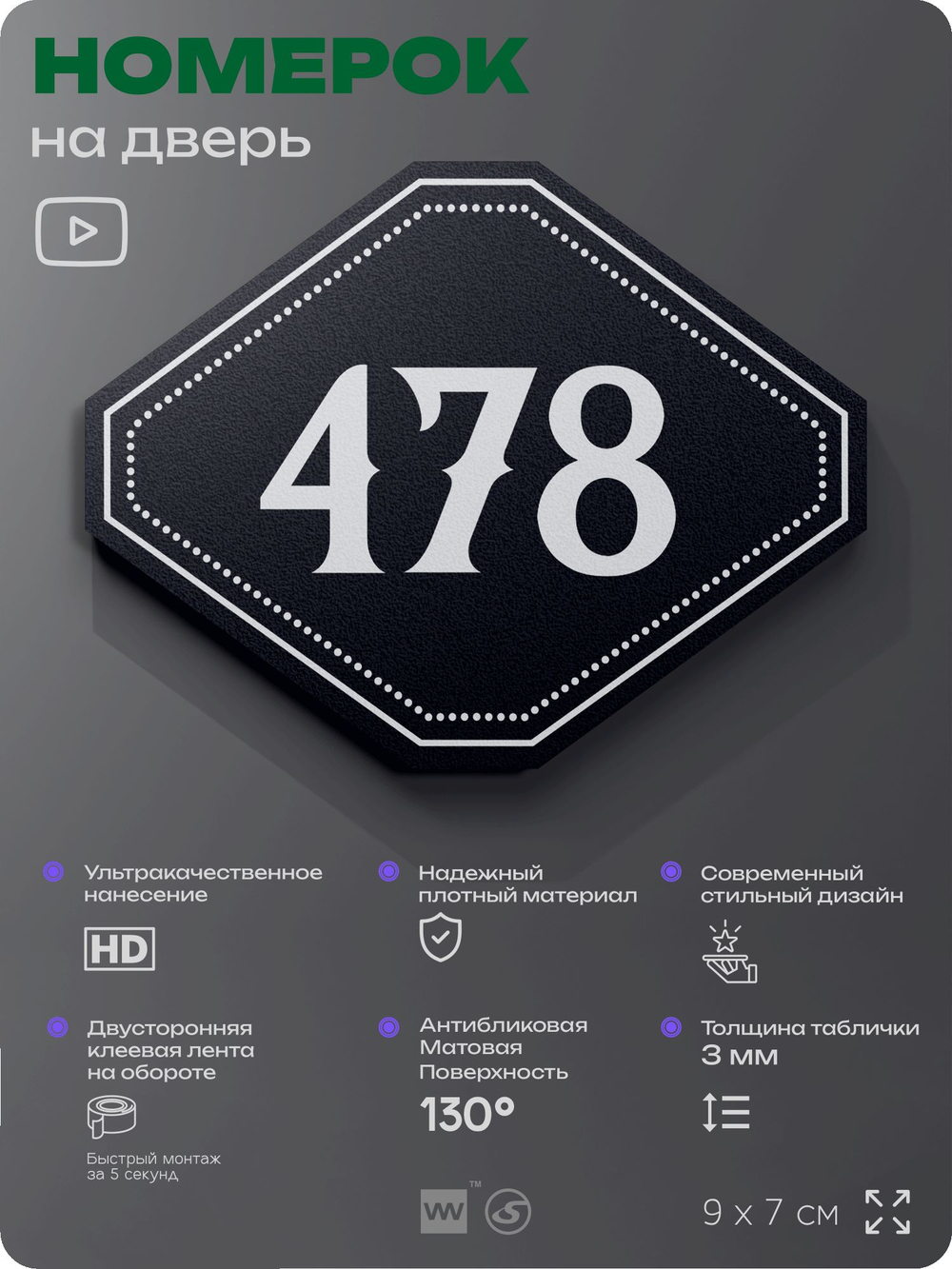 Номерок на дверь квартиры 478, для кабинета, офиса, шильдик 9 х 7 см, черный, Айдентика Технолоджи