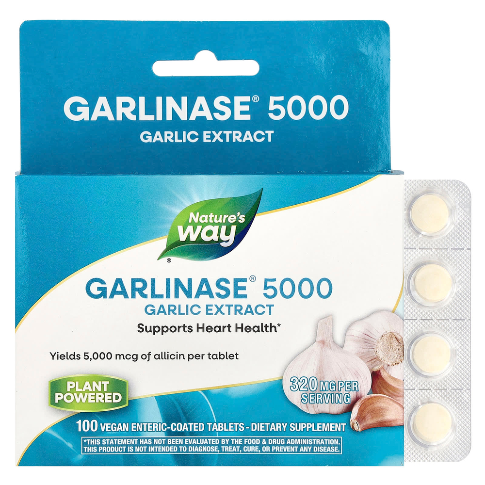 Nature's Way, Garlinase® 5000, экстракт чеснока, 320 мг, 100 веганских таблеток с кишечнорастворимой оболочкой