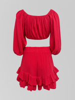 Костюм BB mode однотонный из топа с длинным рукавом и шорт с рюшами