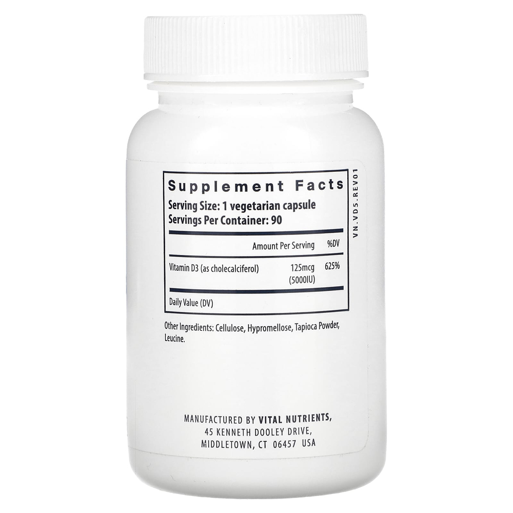 Vital Nutrients, Витамин D3, 5000 МЕ, 90 вегетарианских капсул