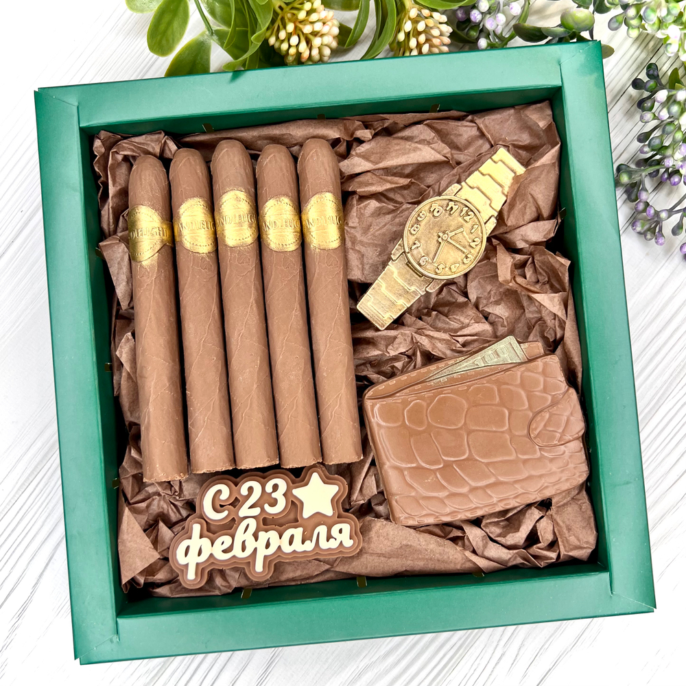Шоколадный набор "23 февраля: сигары, портмоне и часы"